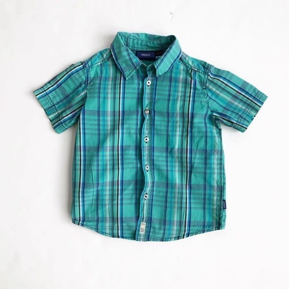 MEXX blue plaid short sleeve button down EUC 7-8Y